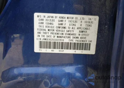 2012 Honda Fit z USA, uszkodzony, nr VIN JHMGE8G35CC022916